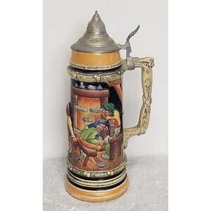 Vintage German  Beer Stein w Pewter Lid-Tall 14"